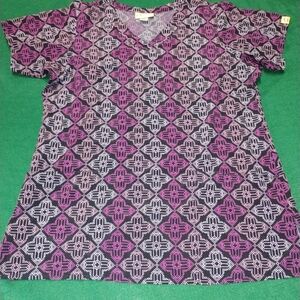 Geometric Patterned Purple and Black Women's Short Sleeve Top